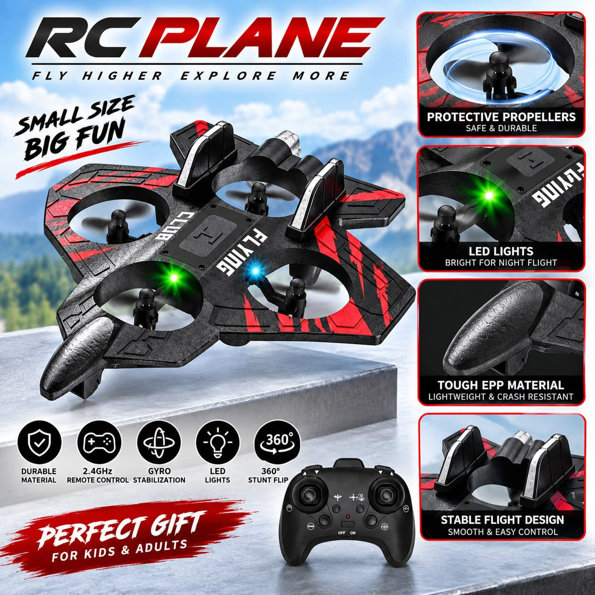 RC Plane 360° Stunt Flip Remote Control Aircraft with LED Lights & Gyro Stabilization