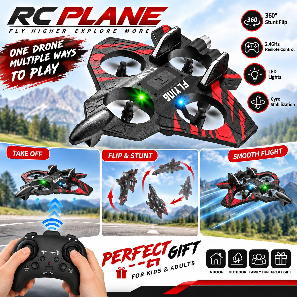RC Plane 360° Stunt Flip Remote Control Aircraft with LED Lights & Gyro Stabilization