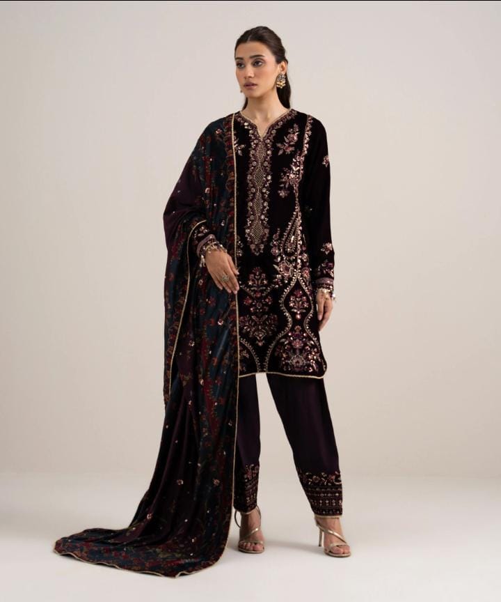 3 Piece - Embroidered Velvet Suit