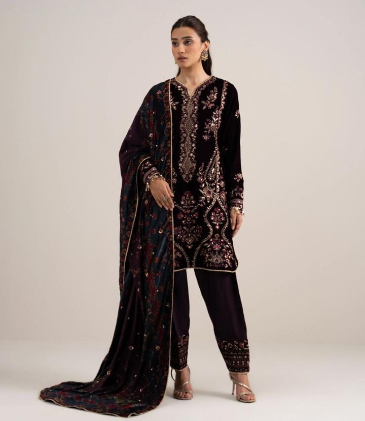 3 Piece - Embroidered Velvet Suit