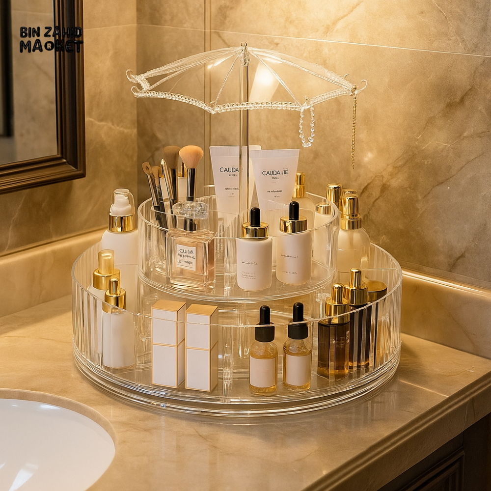 ELEGANT ROTATING COSMETIC STAND – MULTI-TIER MAKEUP HOLDER WITH CRYSTAL UMBRELLA TOP