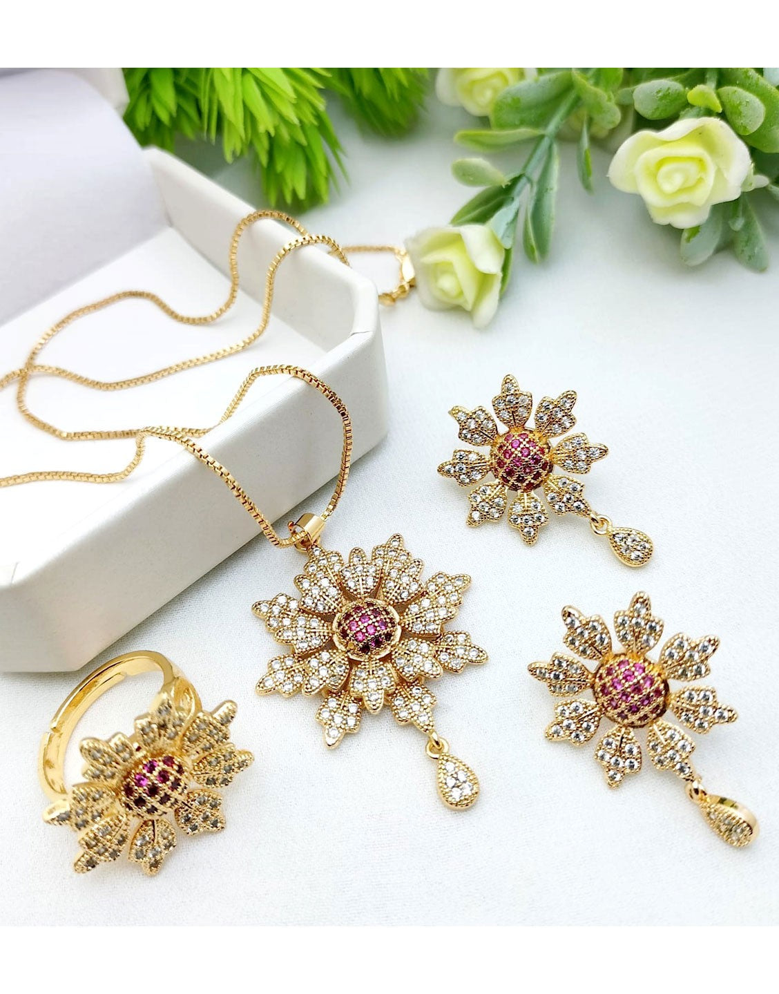 Adorable Floral Design Locket Set with Earrings & Ring