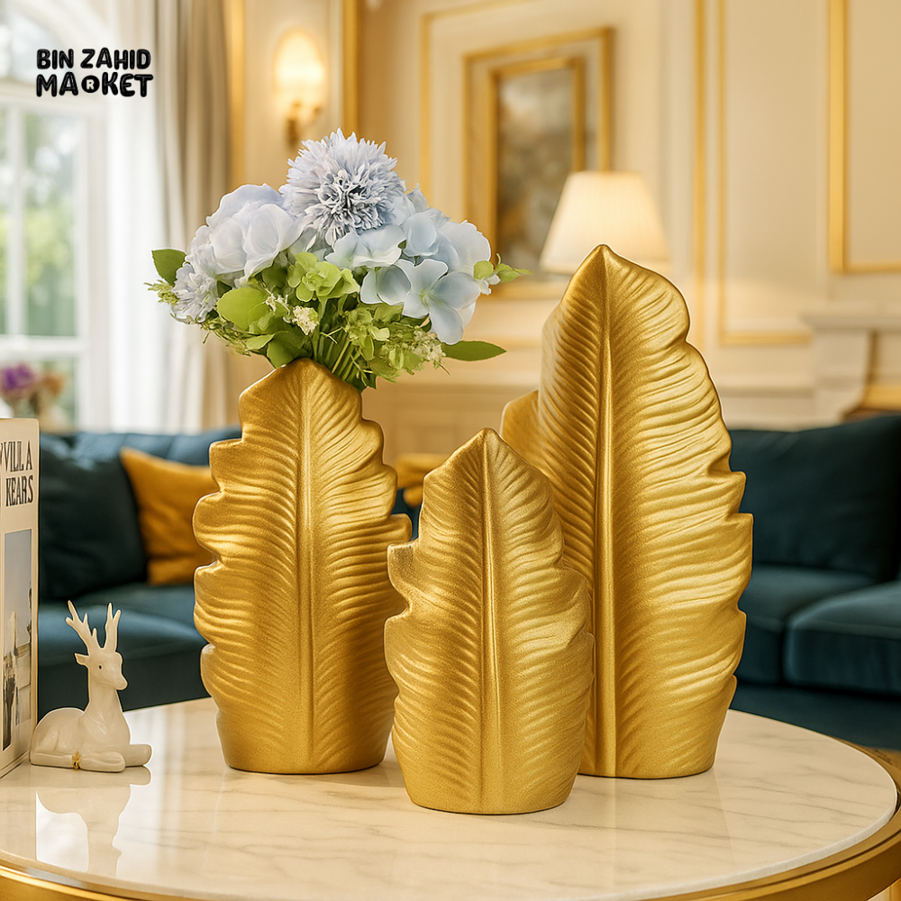 3-PIECE GOLD LEAF VASE SET – LUXURY DECORATIVE SCULPTURE FOR VILLA INTERIORS