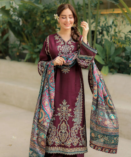 3 Piece - Embroidered Raw Silk Suit