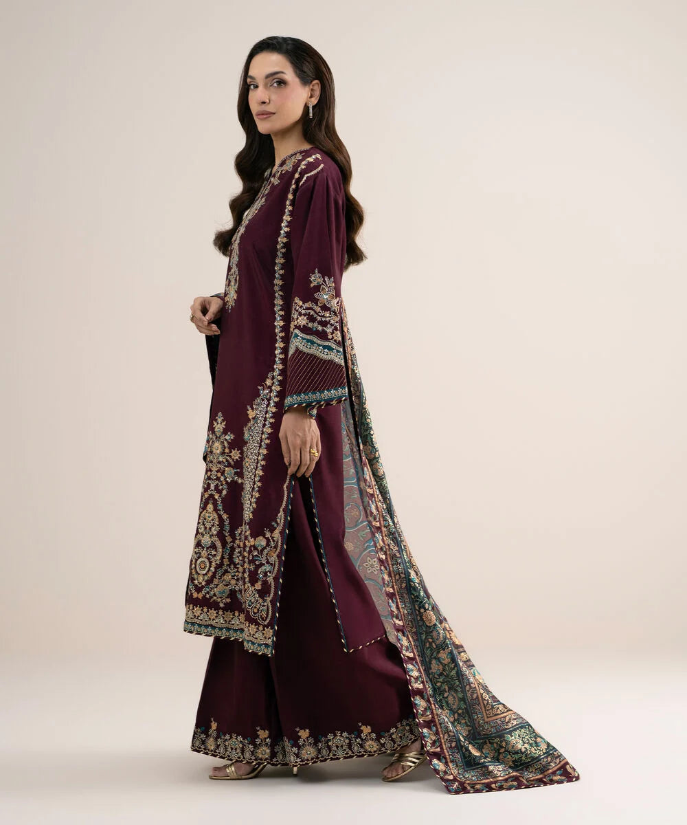 3 Piece - Embroidered Raw Silk Suit