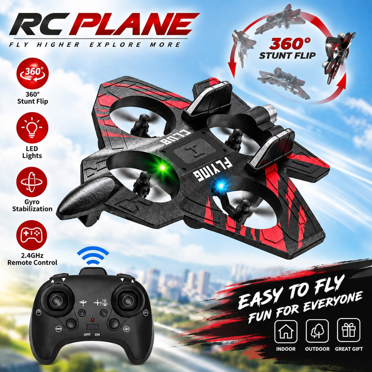 RC Plane 360° Stunt Flip Remote Control Aircraft with LED Lights & Gyro Stabilization