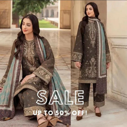 Women Unstitched 3 Piece Embroidered Dhanak Suit for Women | Winter Collection with Shawl