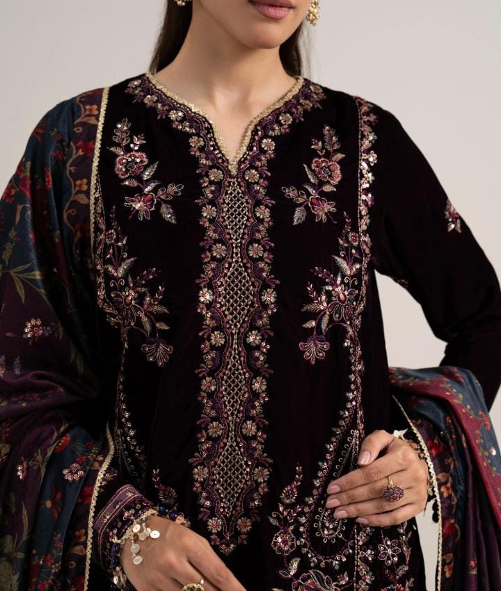 3 Piece - Embroidered Velvet Suit