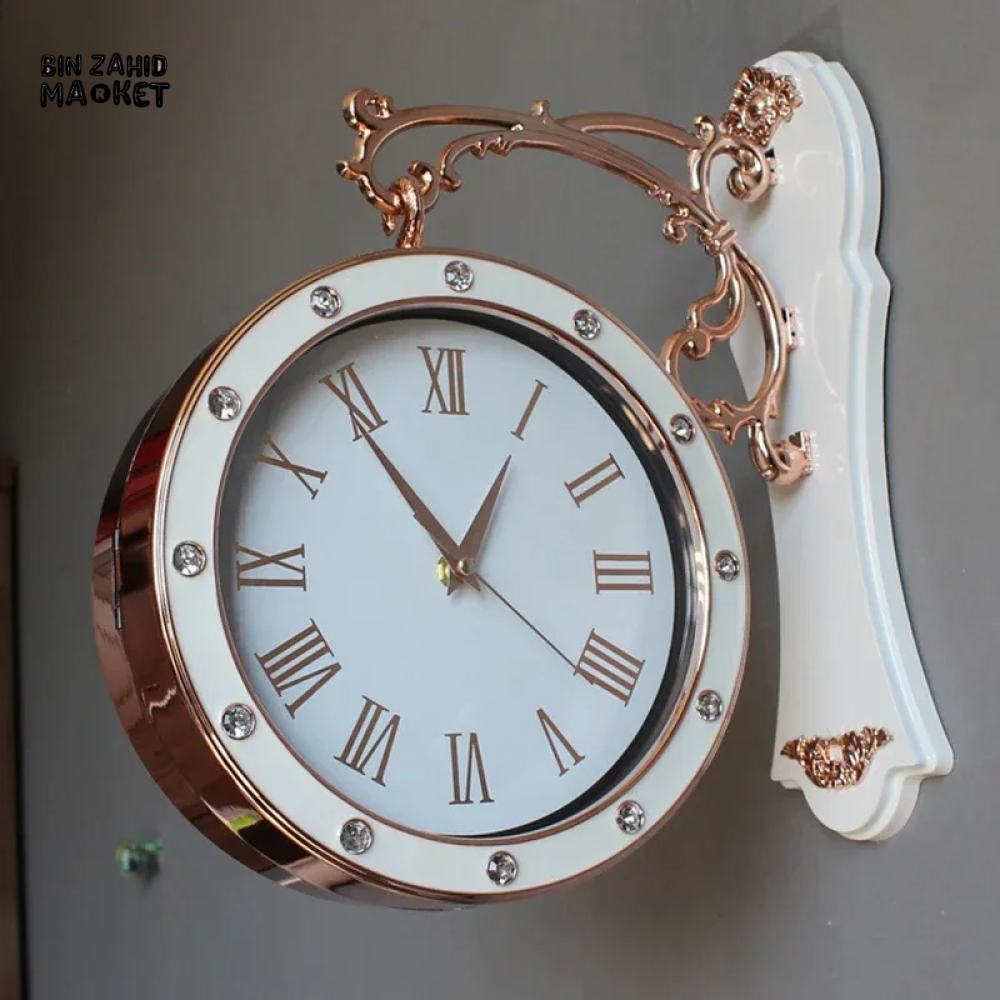 DECORATIVE GOLD WALL CLOCK SILENT DOUBLE-SIDED HOME TIMEPIECE