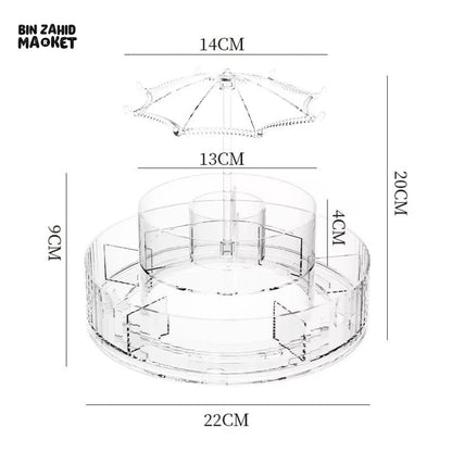 ELEGANT ROTATING COSMETIC STAND – MULTI-TIER MAKEUP HOLDER WITH CRYSTAL UMBRELLA TOP