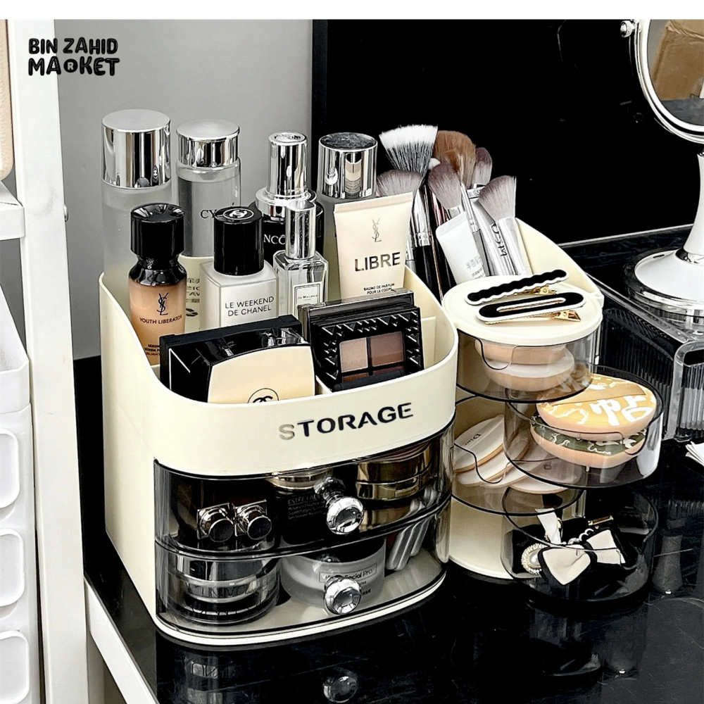 MAKEUP ORGANIZER WITH DRAWER & BRUSH HOLDER VANITY STORAGE FOR SPONGES LIPSTICKS & COSMETICS