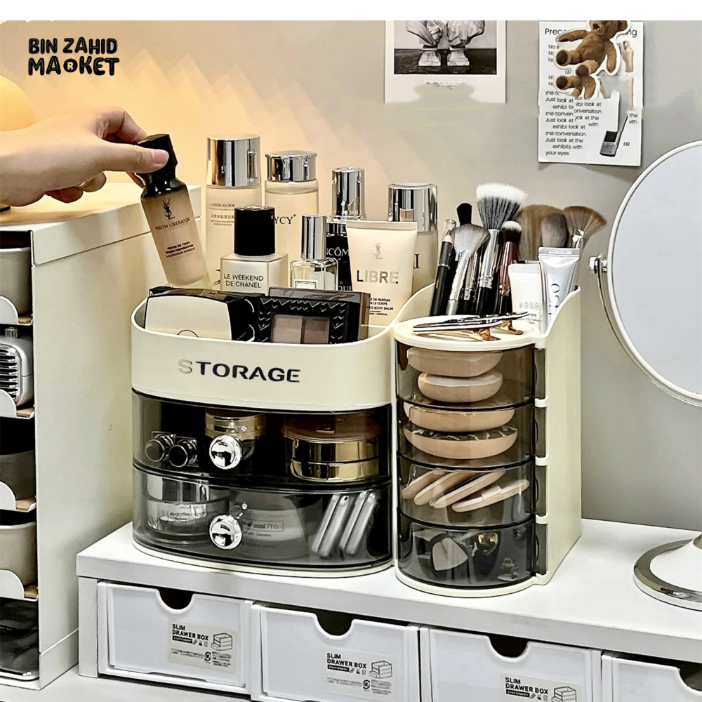 MAKEUP ORGANIZER WITH DRAWER & BRUSH HOLDER VANITY STORAGE FOR SPONGES LIPSTICKS & COSMETICS