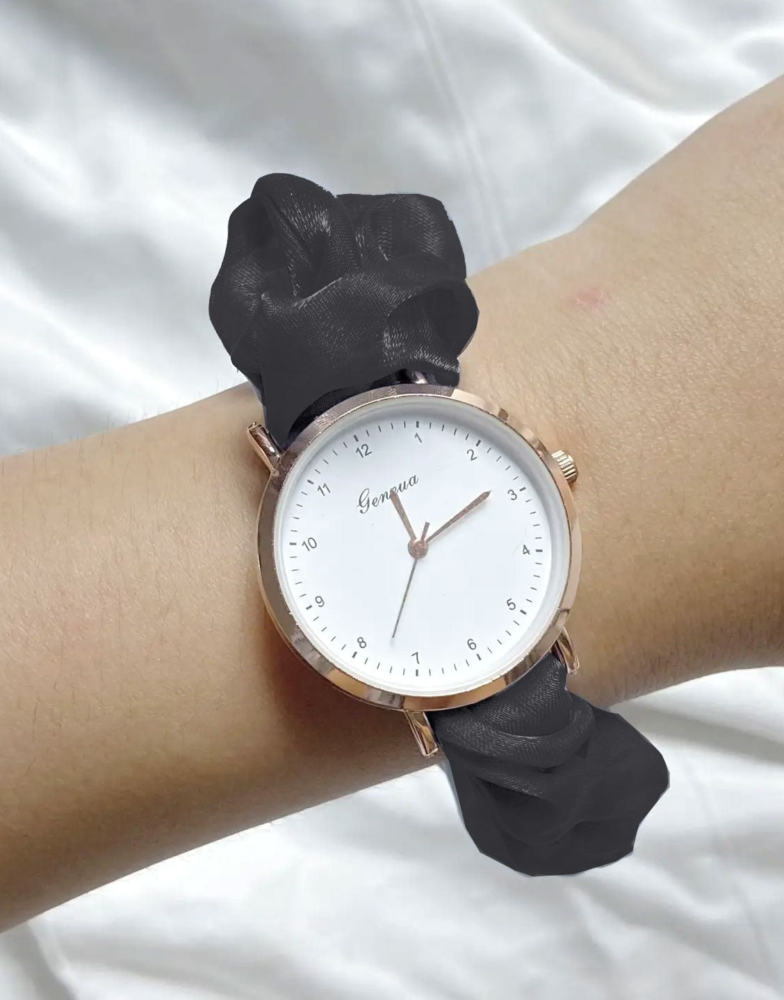 Cute Satin Hair Ring Black Strap Casual Watch for Girls